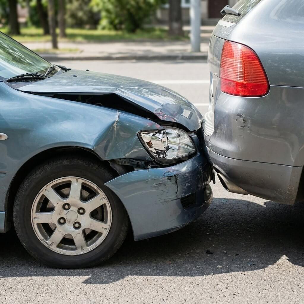 Ein blauer PKW ist auf das Heck eines silbernen Autos aufgefahren, beide Fahrzeuge sind auf der Straße sichtbar beschädigt