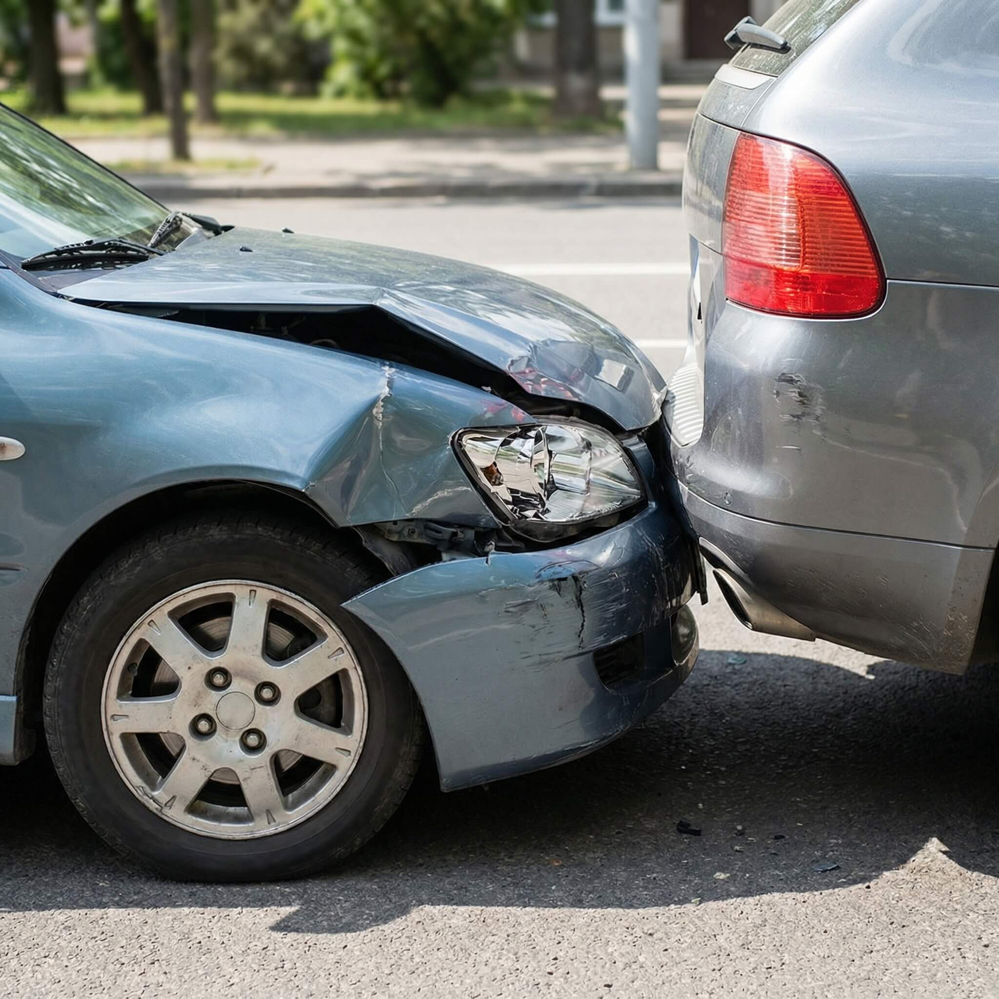 Ein blauer PKW ist auf das Heck eines silbernen Autos aufgefahren, beide Fahrzeuge sind auf der Straße sichtbar beschädigt